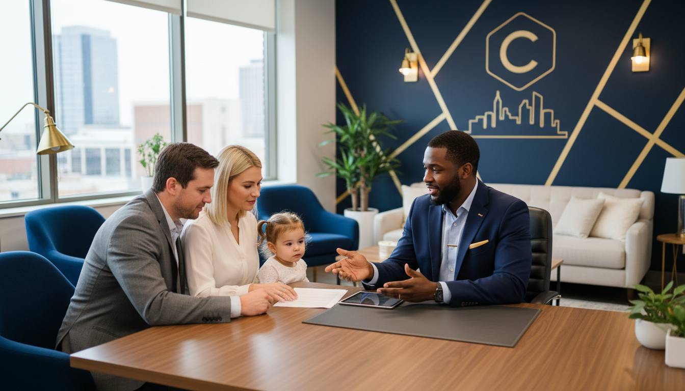 A Charlotte insurance agent advising a family about life insurance.