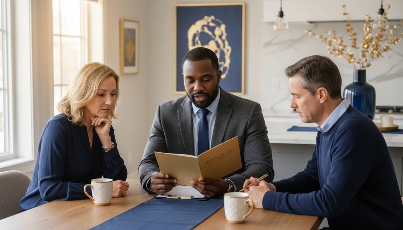 A Charlotte insurance agent meeting with a couple at a kitchen table.