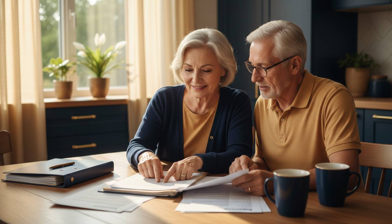 A senior couple reviewing Medicare paperwork at home.