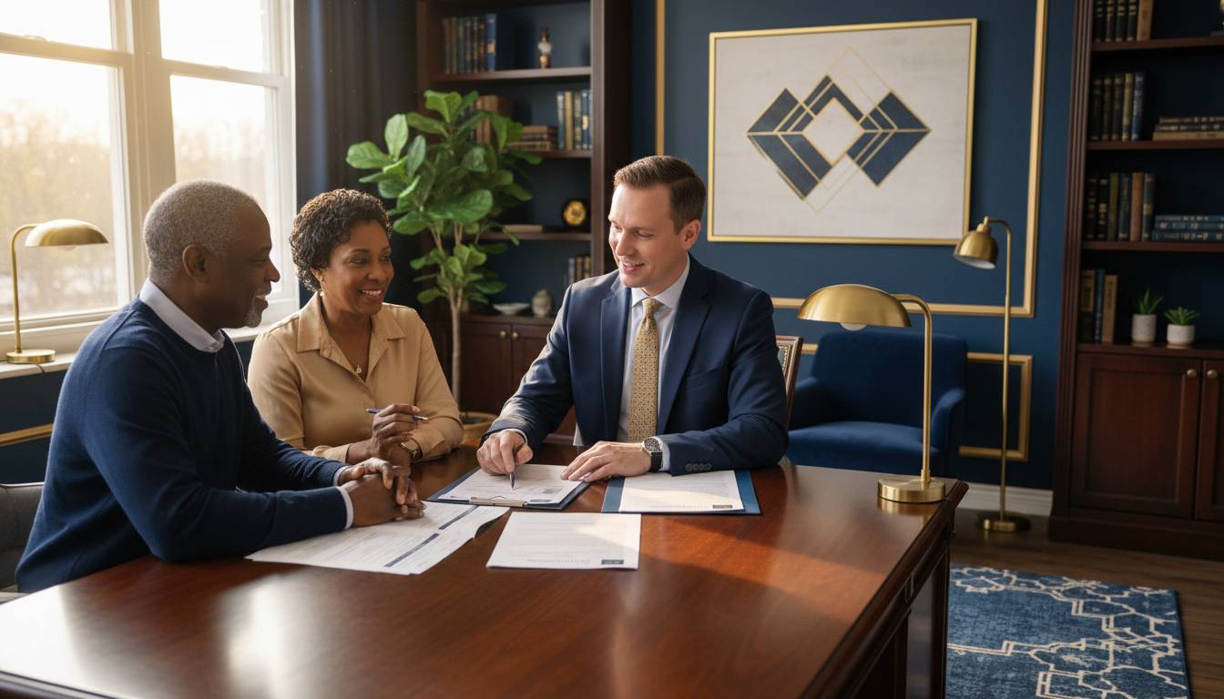 A Charlotte insurance agent explaining Medicare to a senior couple.