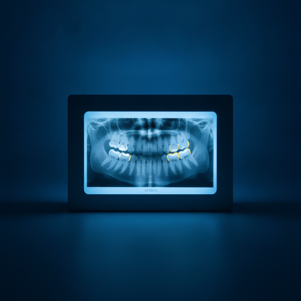 A dental X-ray glowing on a deep navy lightbox panel