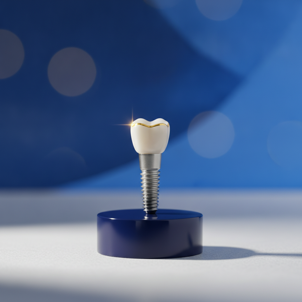 A dental implant and crown model on a navy display stand