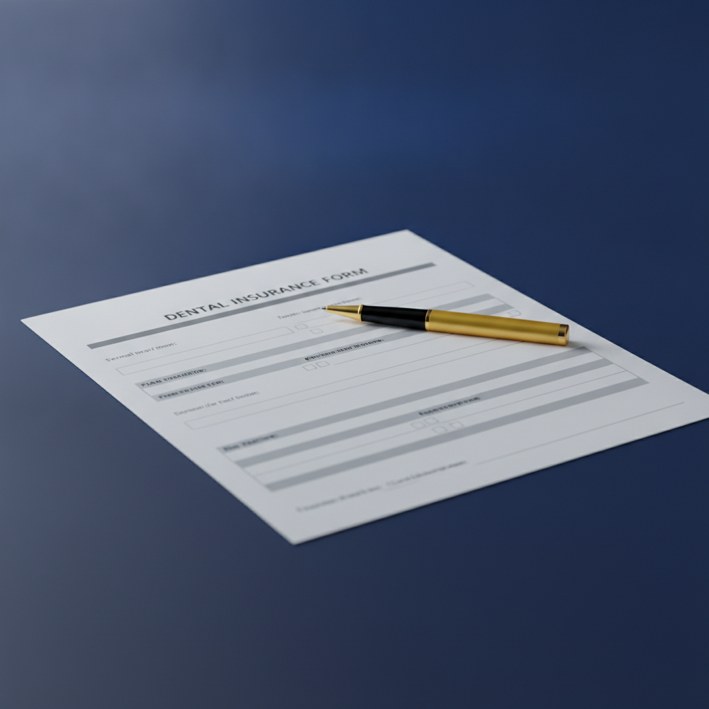 A blank insurance enrollment form with a gold-trim pen on a navy desk