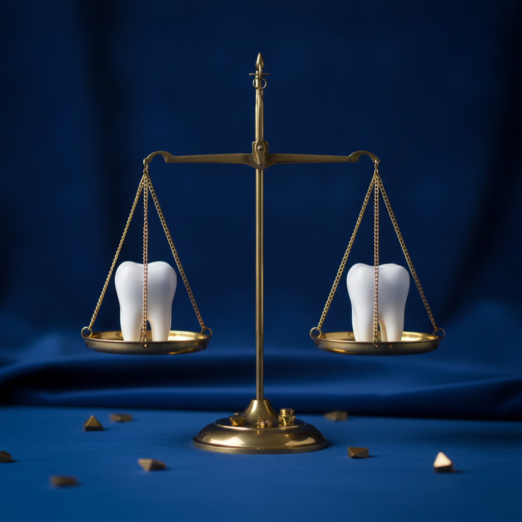 A brass balance scale weighing two tooth models against a navy backdrop