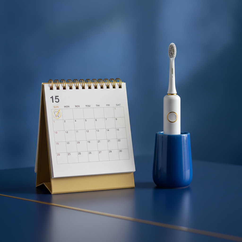 A desk calendar and toothbrush on a navy desk marking a dental check-up date