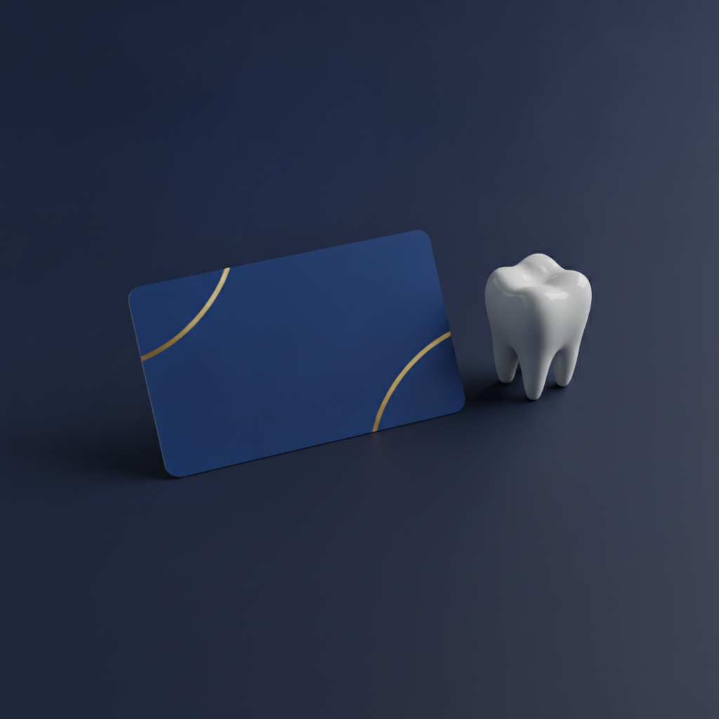 A plain blue benefit card beside a small tooth model on a navy surface