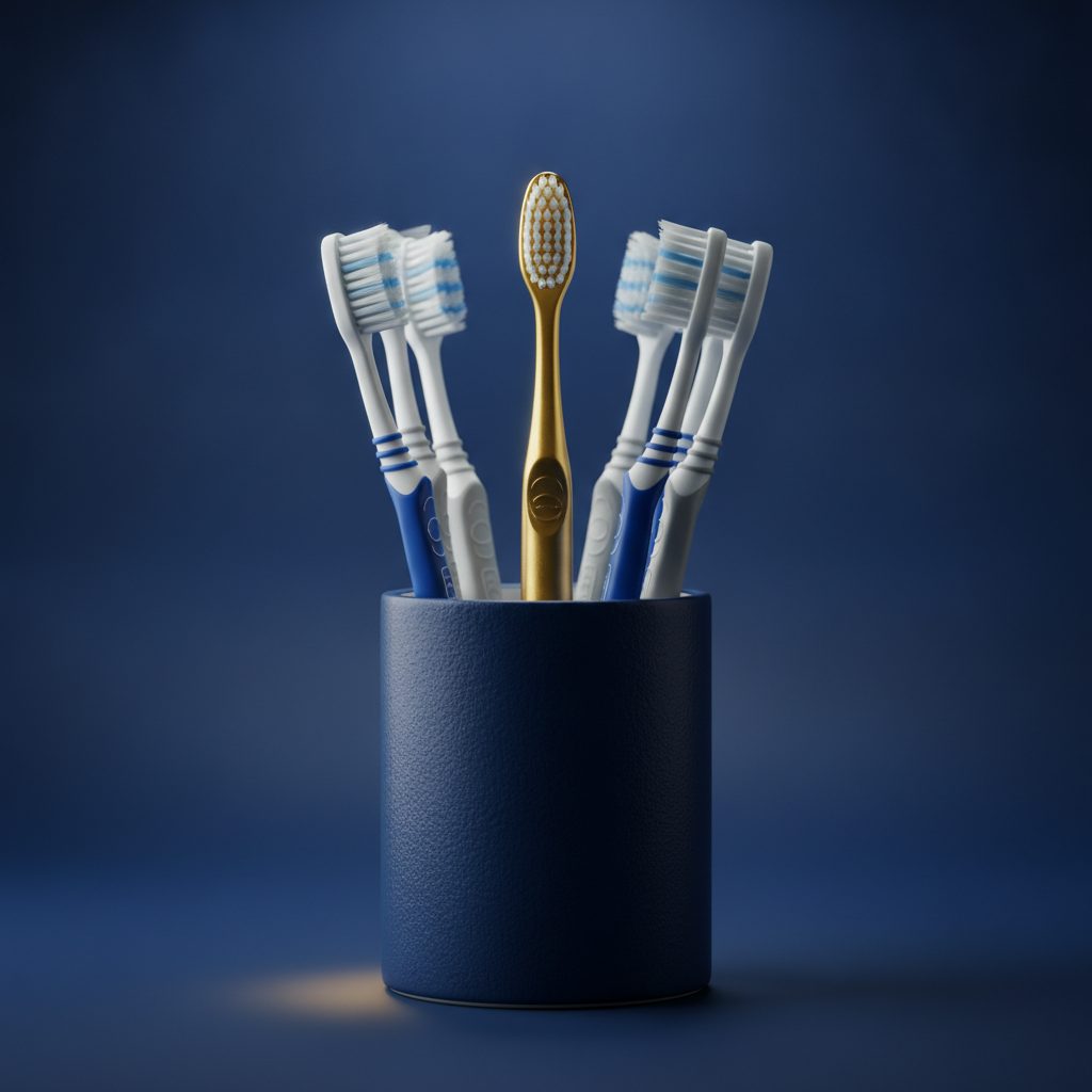 A set of different-sized toothbrushes standing in a navy holder