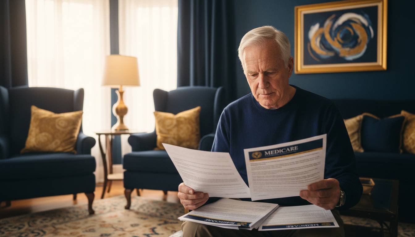 A senior reviewing Medicare documents at home.