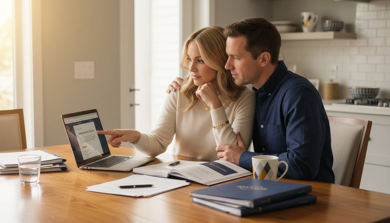 A couple reviewing health insurance options at home.