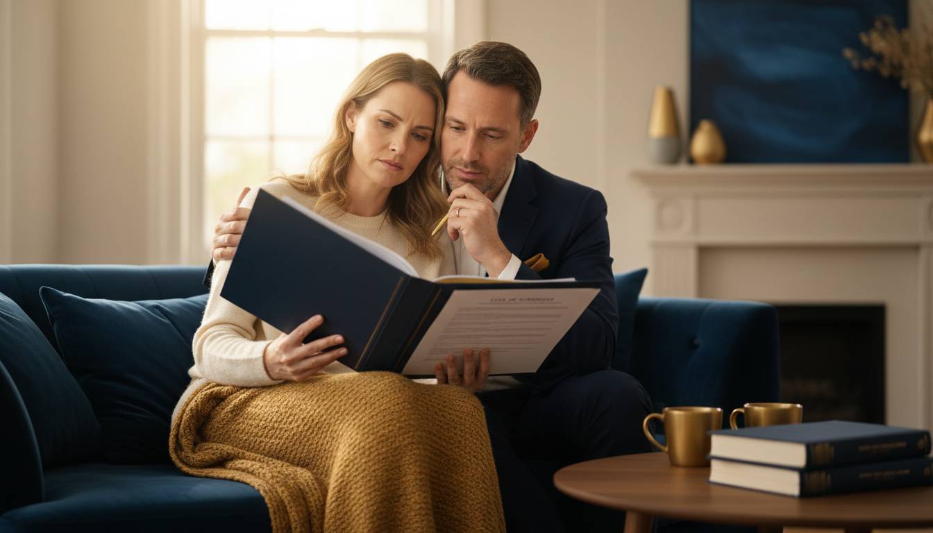 A couple reviewing life insurance in their living room.