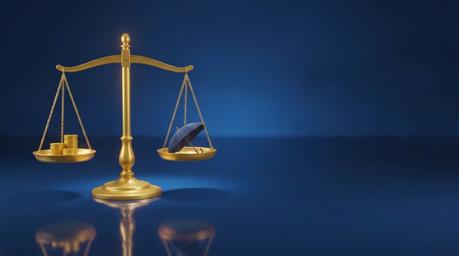A gold balance scale weighing coins against a navy umbrella, representing how much disability coverage to buy