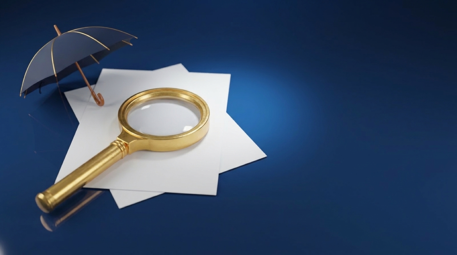 A gold magnifying glass over blank policy documents beside a navy umbrella, representing comparing disability insurance policies