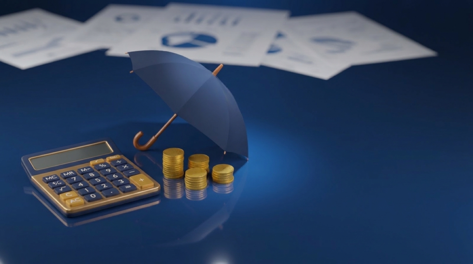 A navy umbrella sheltering gold coins beside a calculator, representing the cost of disability income insurance