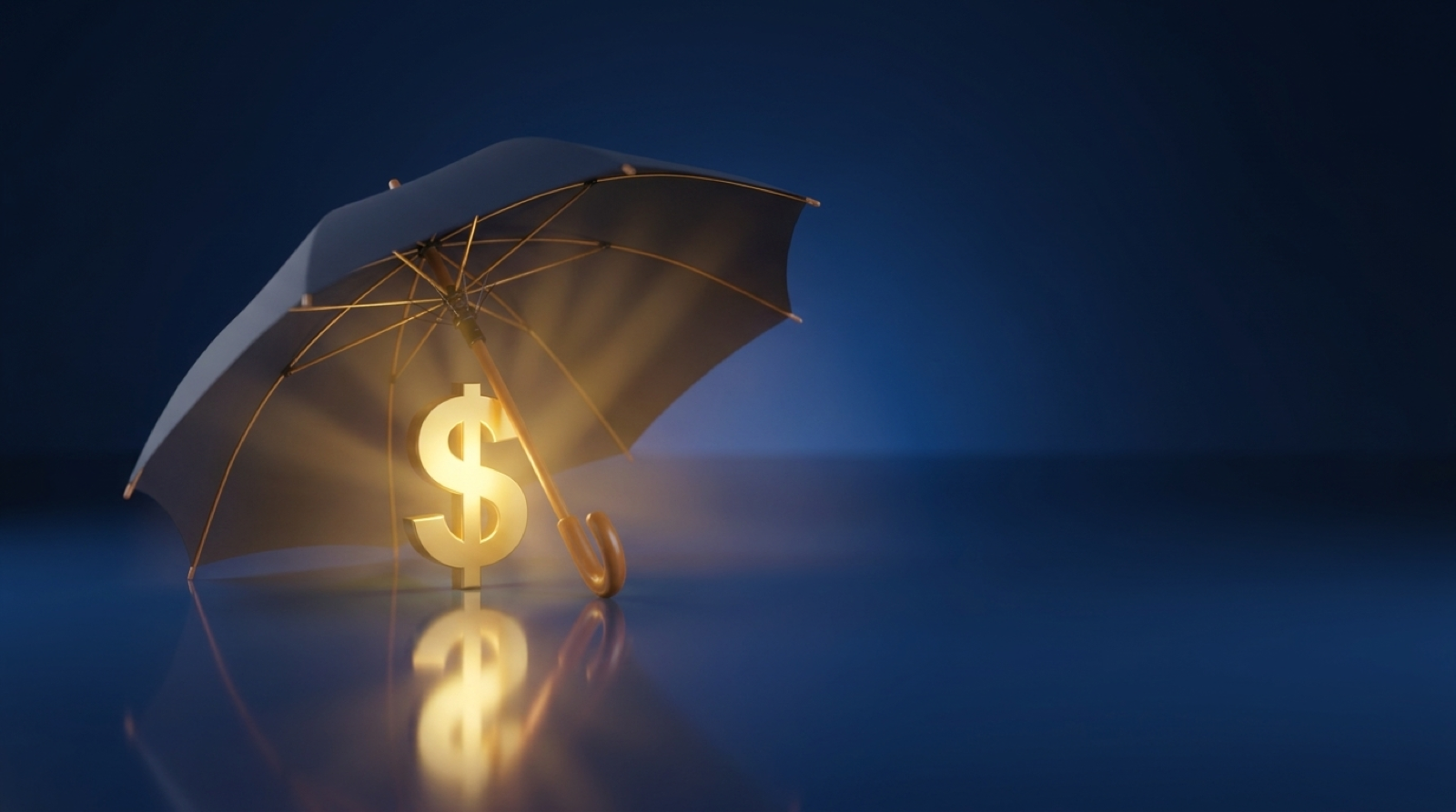 A navy umbrella sheltering a glowing gold dollar symbol, representing disability income protection