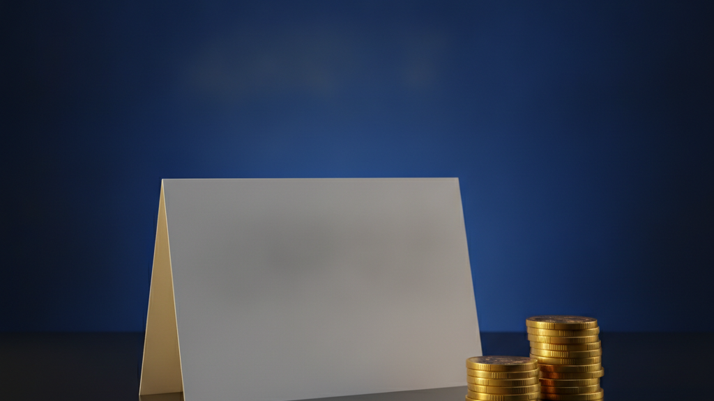 A blank white benefit card standing beside stacked gold coins on a navy background, representing a fixed-benefit health plan
