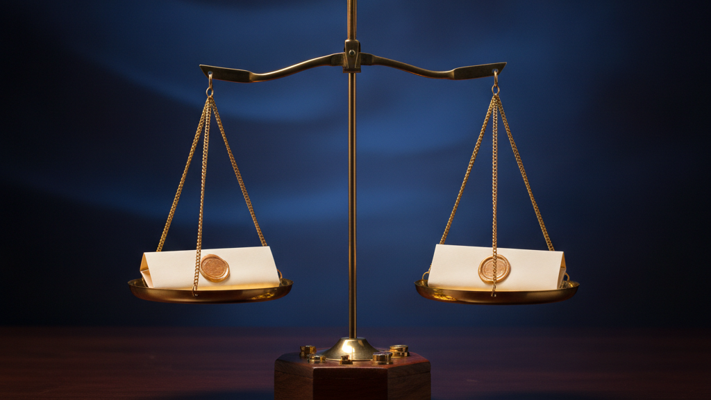 A gold balance scale weighing two documents on a navy background, representing fixed-benefit versus major-medical coverage