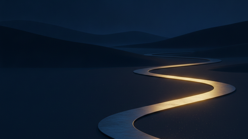 A glowing golden path winding through a dark navy landscape, representing alternatives to traditional health insurance
