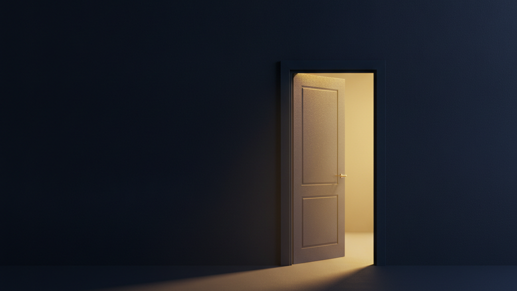 A warmly lit open doorway in a dark navy wall, representing an alternative to the health insurance Marketplace