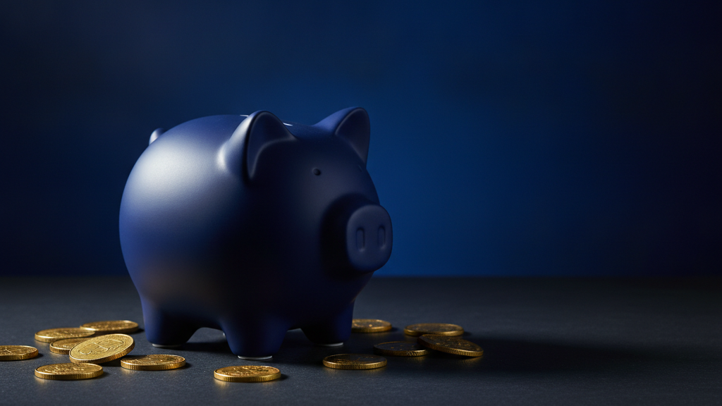 A navy blue piggy bank beside gold coins, representing an affordable alternative to high Obamacare premiums