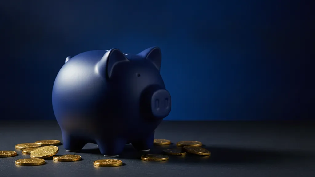 A navy blue piggy bank beside gold coins, representing an affordable alternative to high Obamacare premiums