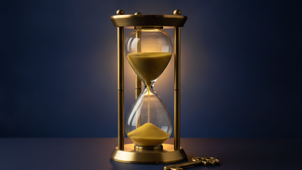 A brass hourglass with golden sand beside a key on a navy background, representing coverage options after missing open enrollment