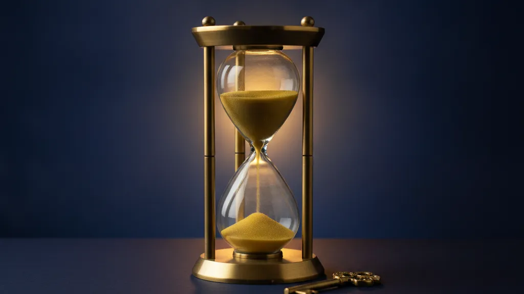 A brass hourglass with golden sand beside a key on a navy background, representing coverage options after missing open enrollment