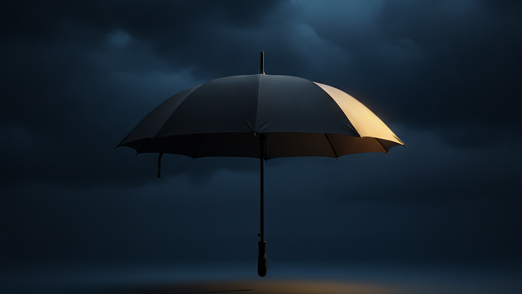 A dark umbrella catching golden light against a stormy navy sky, representing catastrophic-style safety-net coverage