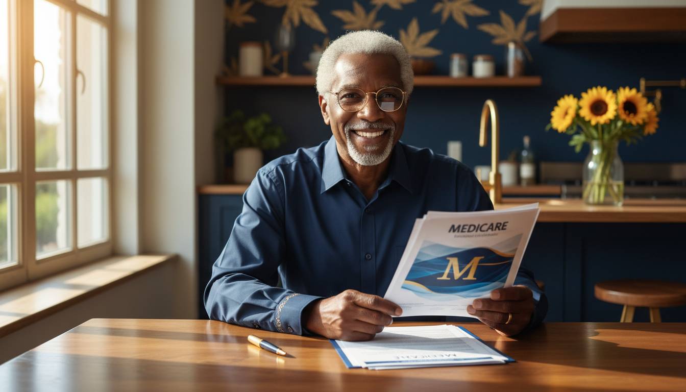 A senior person reviewing Medicare coverage documents at a kitchen table.