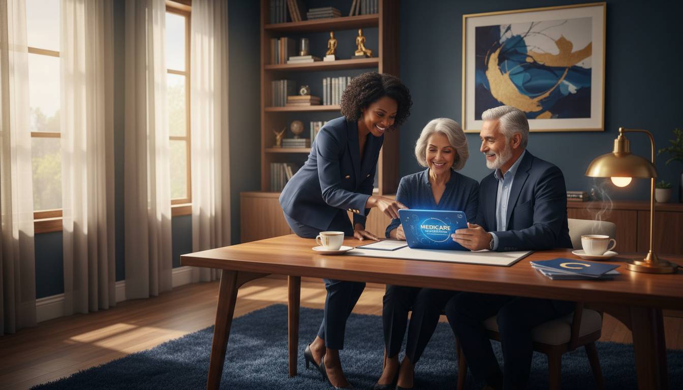 A Charlotte insurance agent assisting a senior couple with their Medicare plan options.
