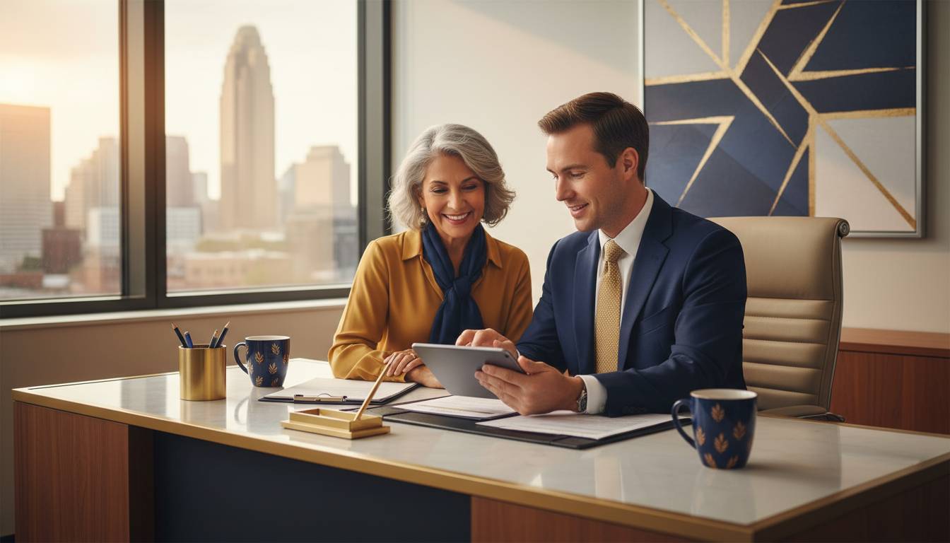 An agent consulting with a senior couple in a Charlotte office.
