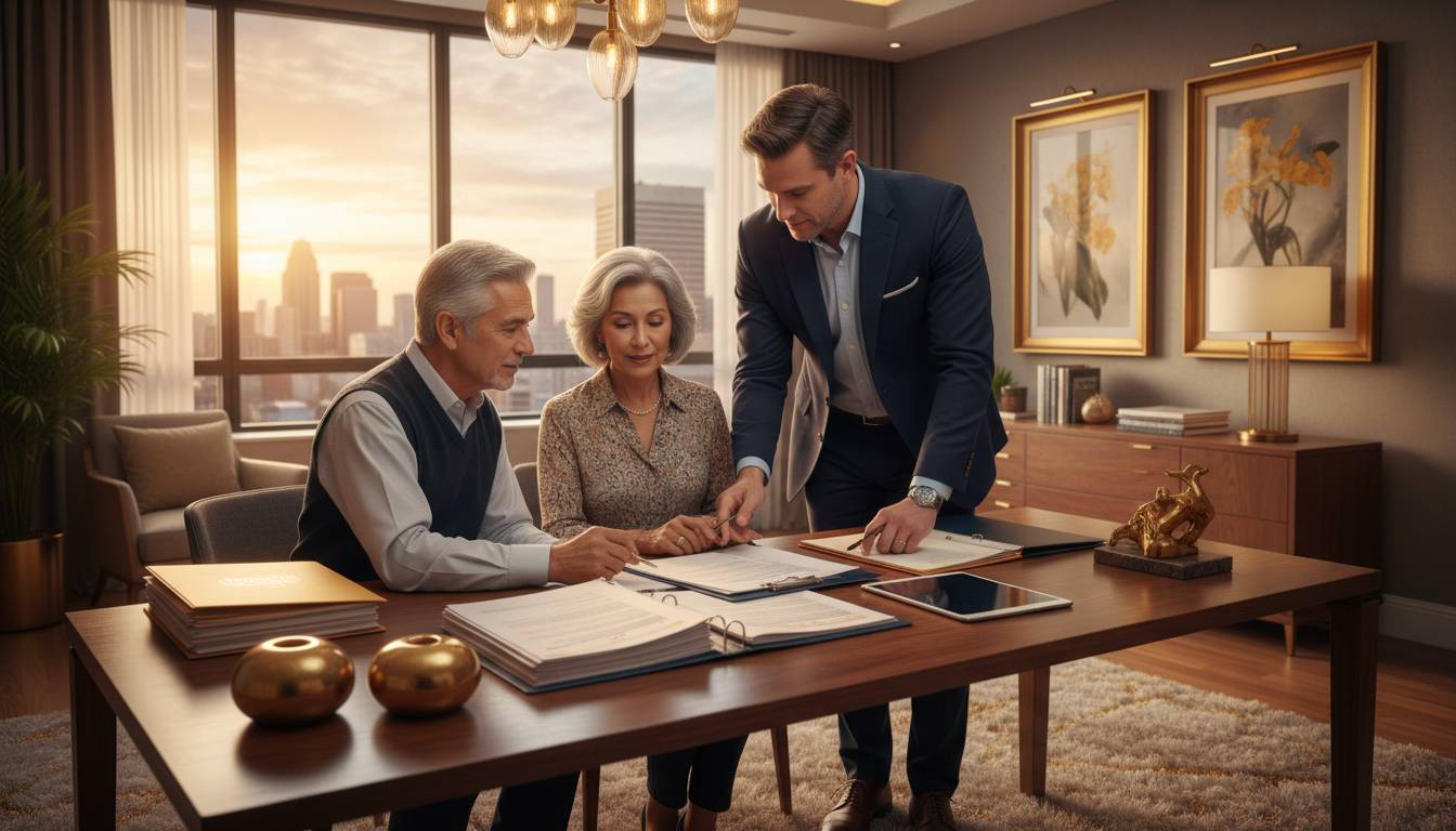 A Charlotte insurance agent consulting with a senior couple in an office.