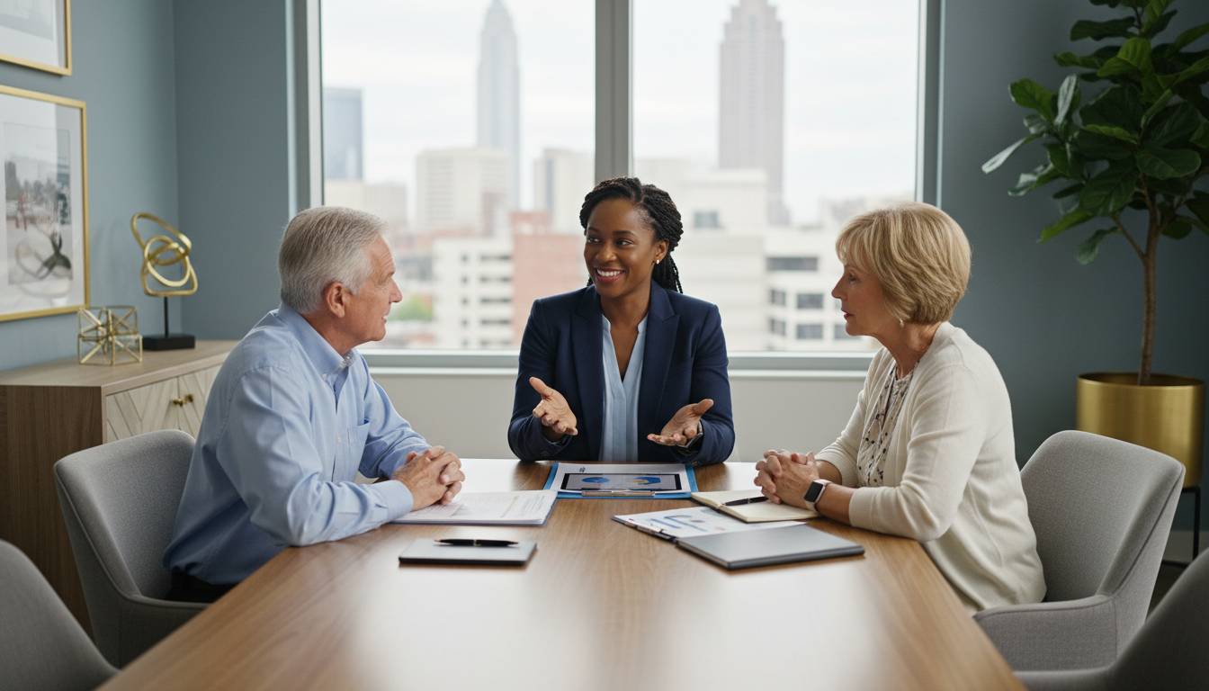 A Charlotte insurance agent advising a senior couple about Medicare.