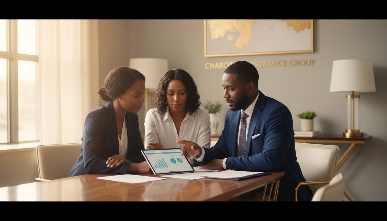 A Charlotte insurance agent consulting a couple about health insurance.