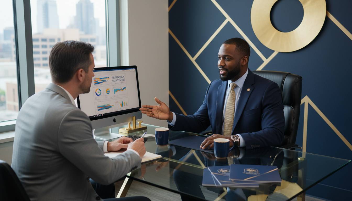 A Charlotte insurance agent explaining health insurance details to a client.