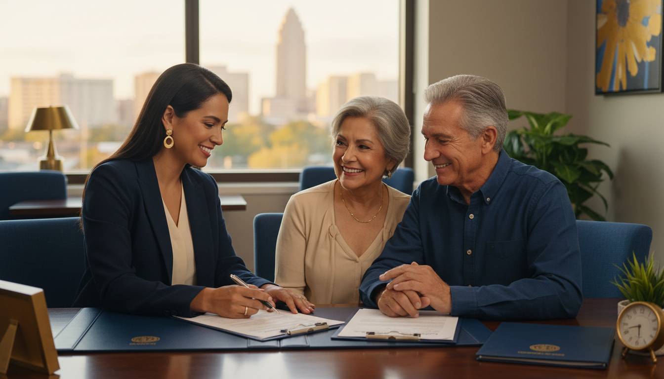 A customer service representative assisting a senior couple with Medicare in Charlotte.