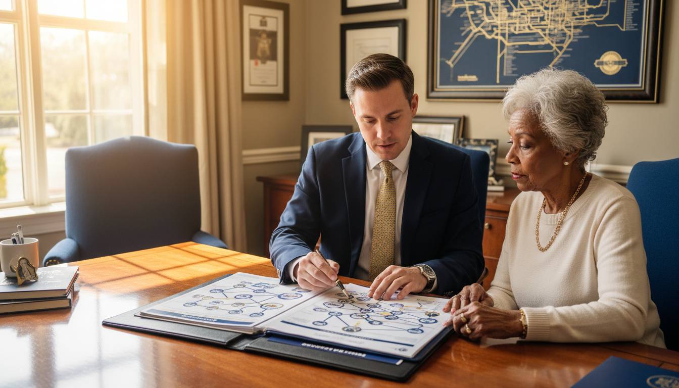 An agent reviewing network charts with a senior client.