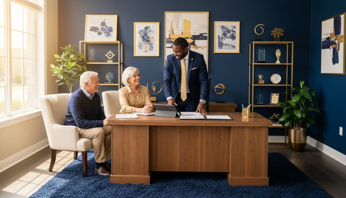 An insurance agent consulting a senior couple about Medicare plans.