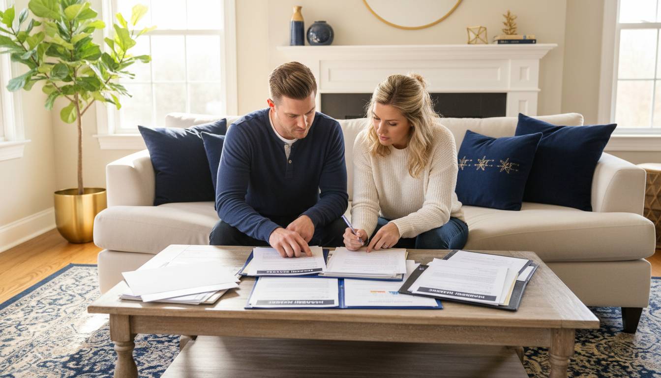 A couple reviewing their COBRA health insurance documents.