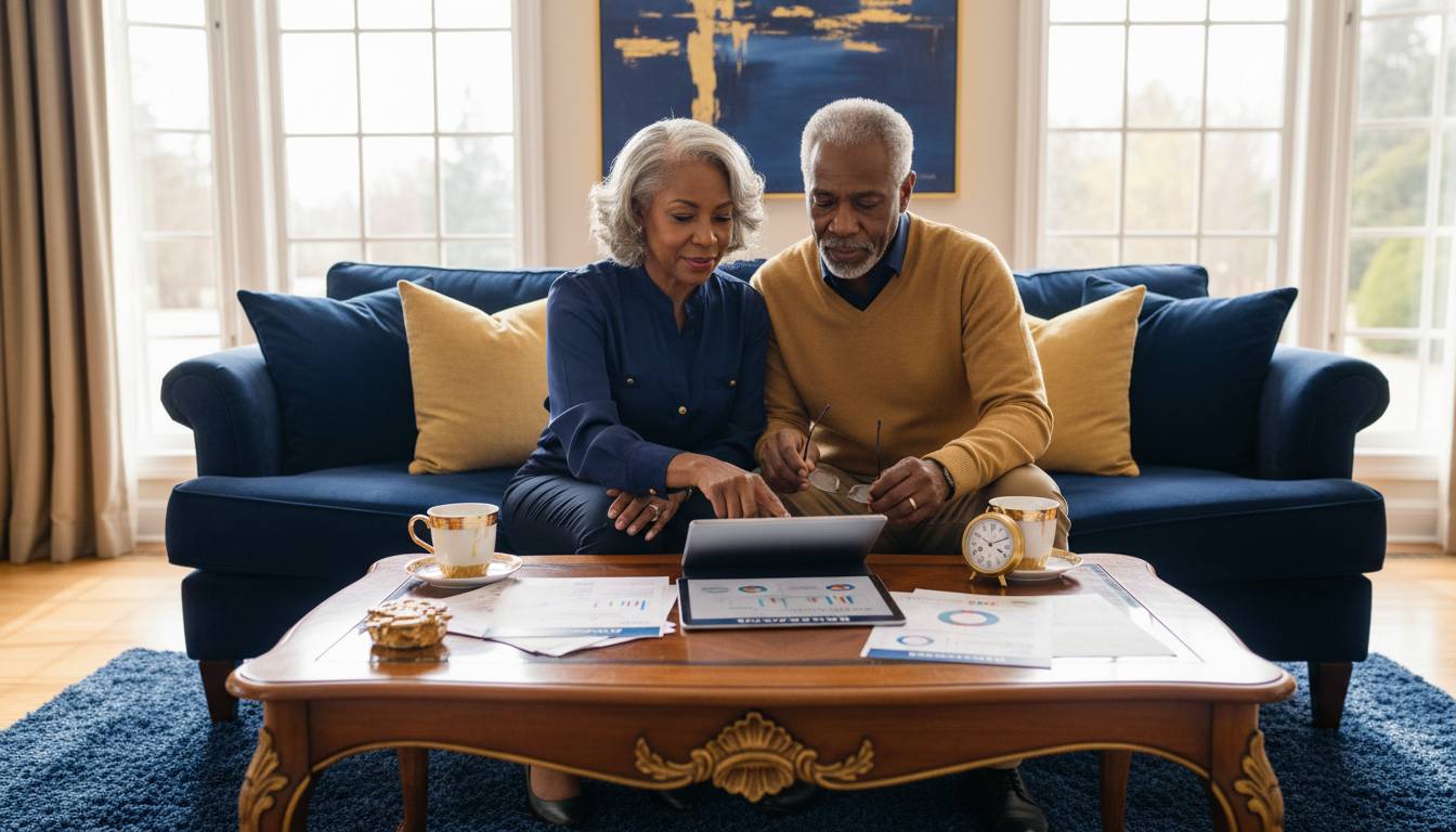 A senior couple reviewing Medicare options in their living room.