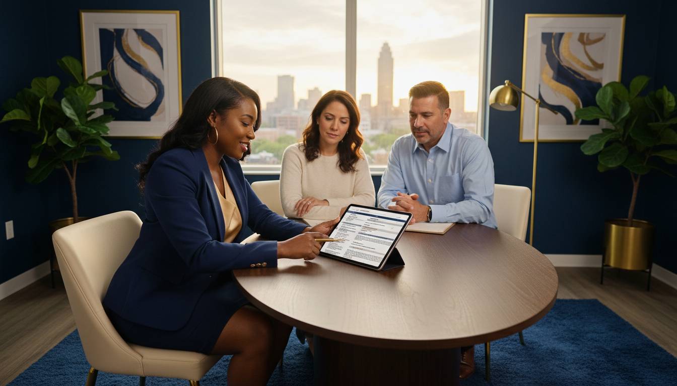 A Charlotte insurance agent reviewing a policy with a couple.