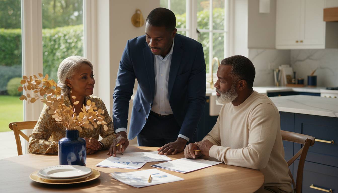 A Charlotte agent consulting with a senior couple at their kitchen table.