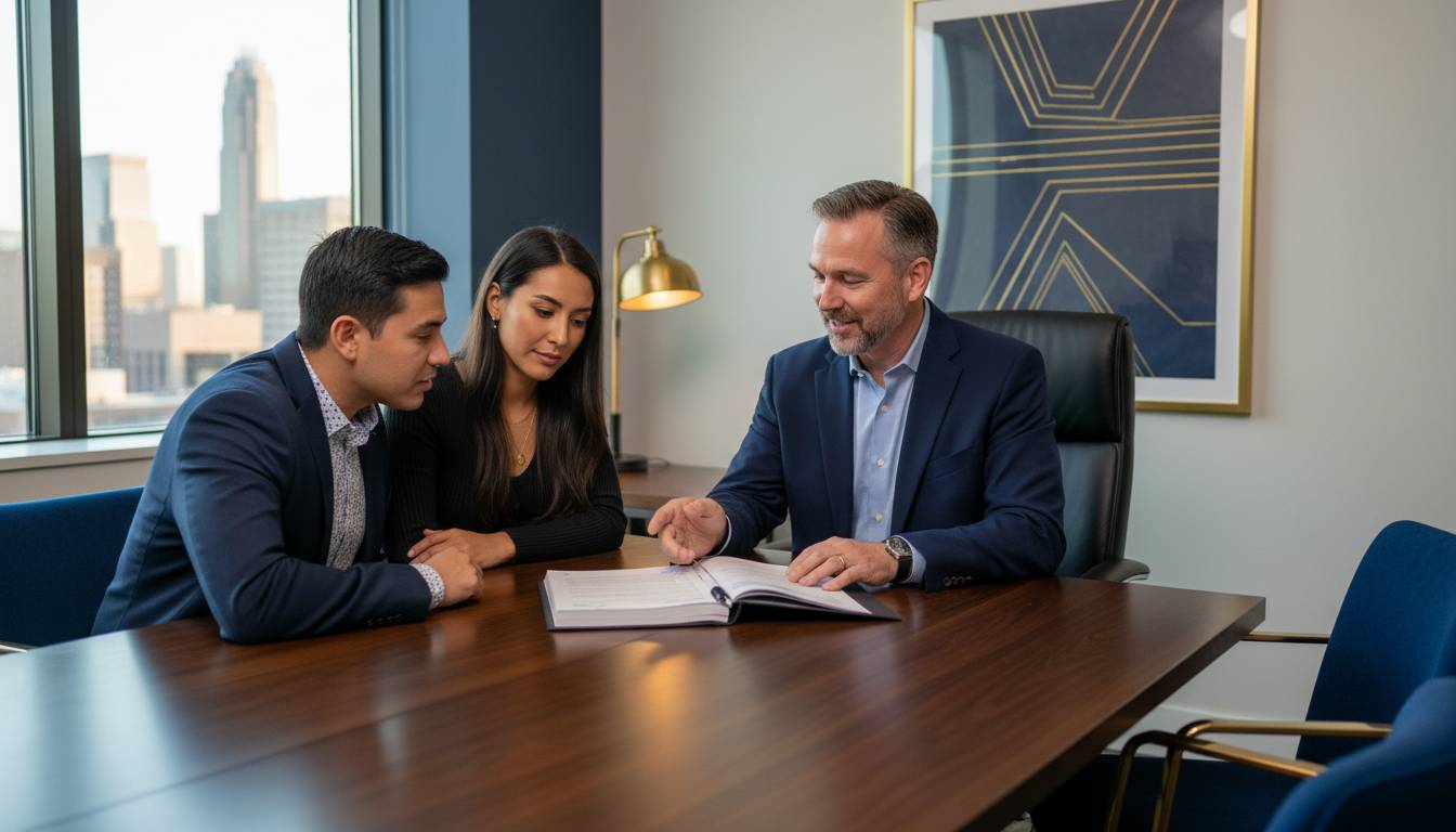 A Charlotte agent explaining a life insurance policy schedule to a couple.