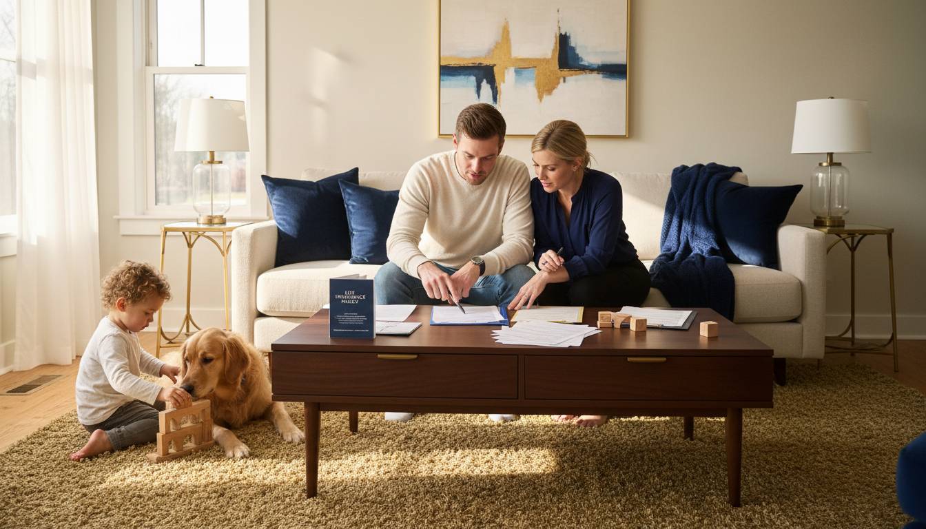 A family reviewing a life insurance policy summary in their living room.