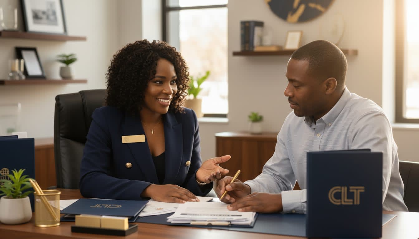 A customer service representative at a Charlotte agency assisting a homeowner.