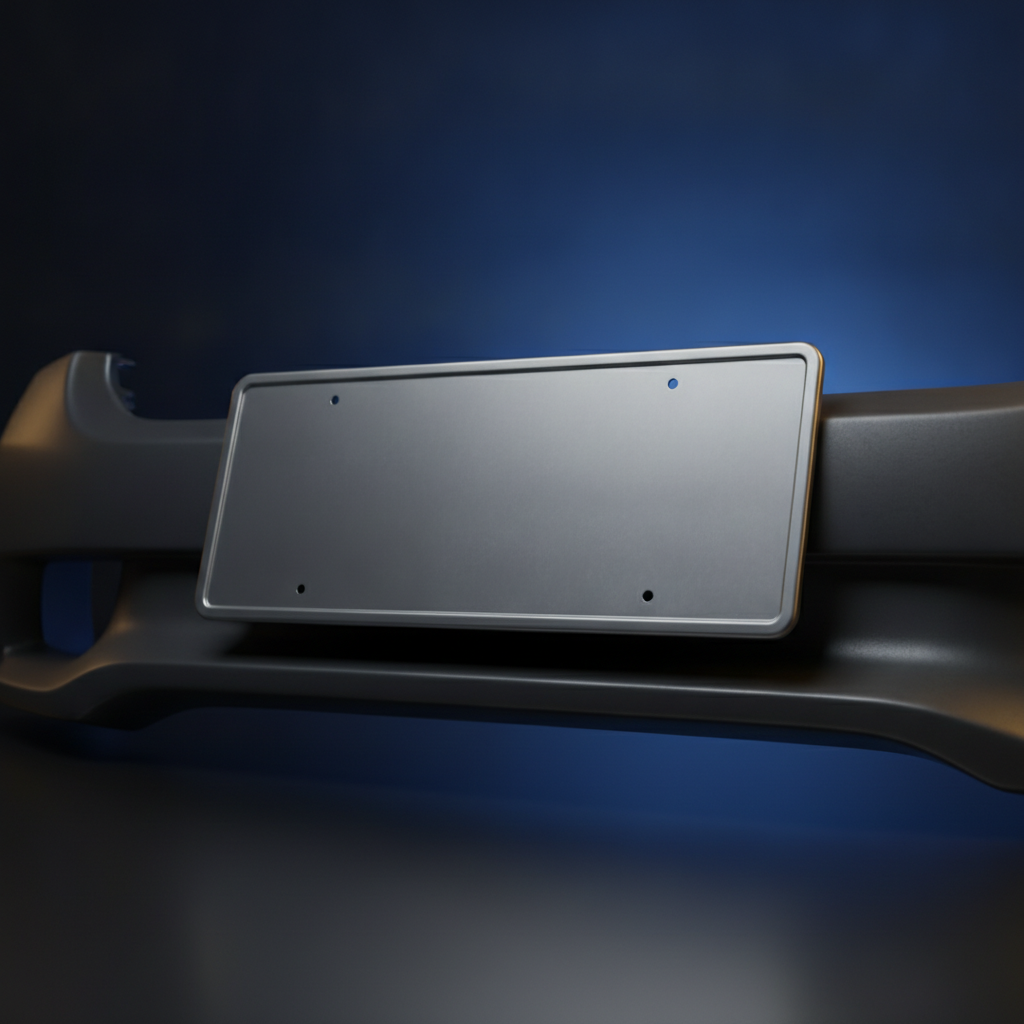A blank vehicle license plate on a dark car bumper