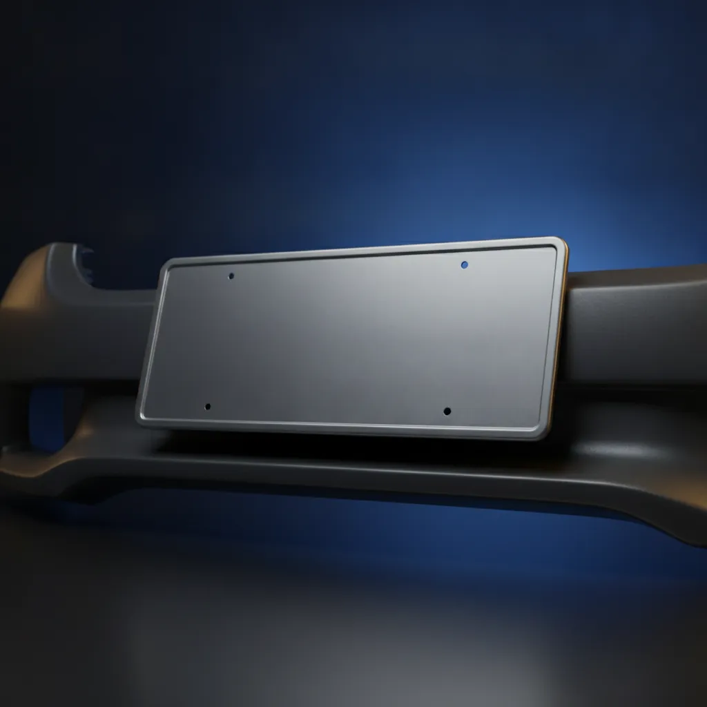 A blank vehicle license plate on a dark car bumper