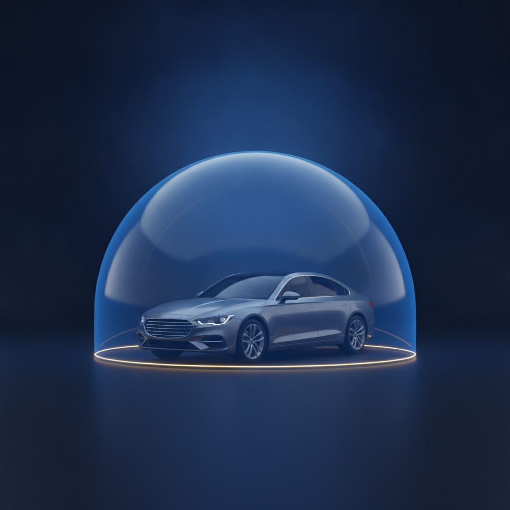 A sedan enclosed in a protective shield of blue light
