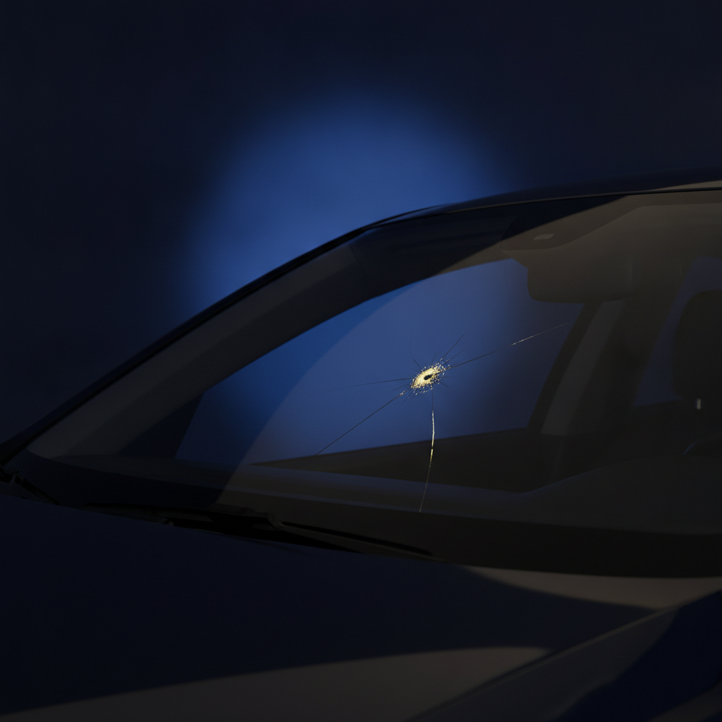 A chip and crack in a car windshield lit from behind