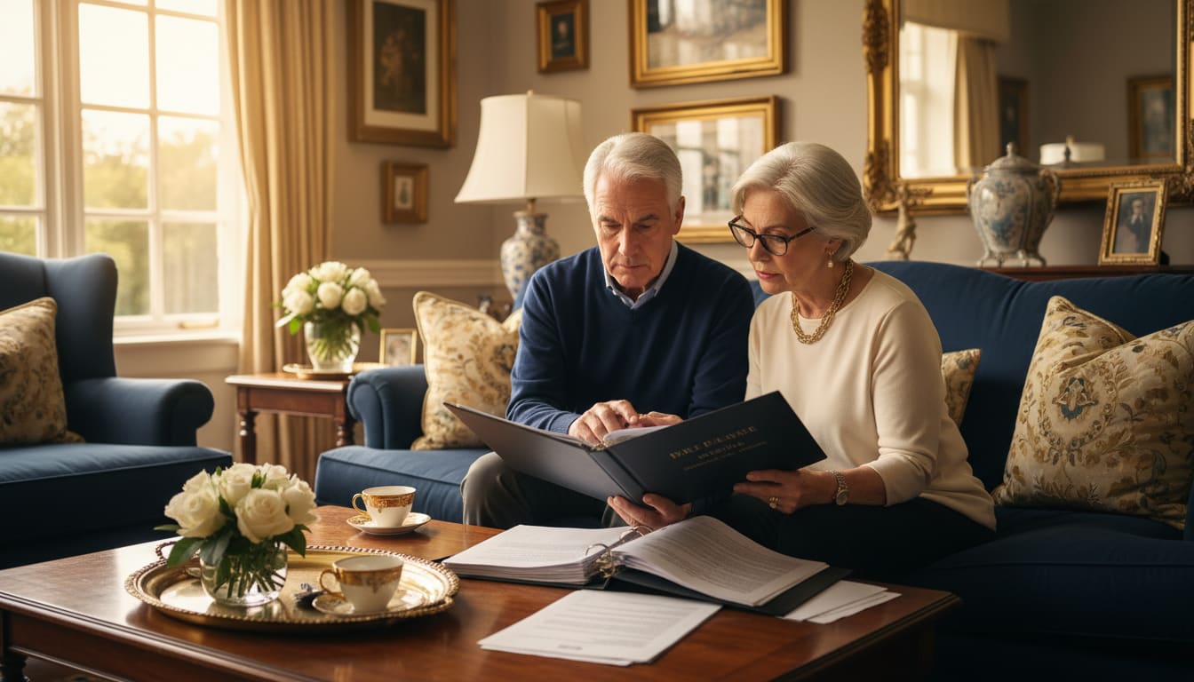 A senior couple reviewing Medicare ANOC documents at home.