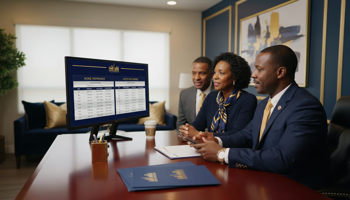A Charlotte insurance agent comparing home and auto insurance options with a couple.